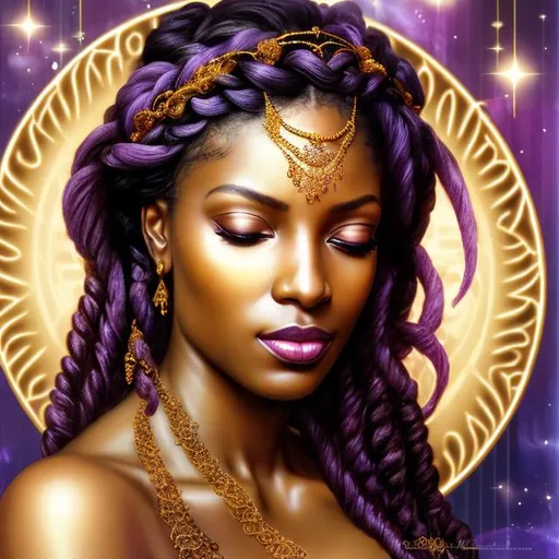 Prompt: HD 4k 3D, hyper realistic, professional modeling, ethereal Greek goddess of joyous abundance, purple and brown braided hair, mixed skin, luxurious gown, gorgeous face,  opulent jewelry and ivy crown, full body, ambient glow, festival, rich banquet background, detailed, elegant, ethereal, mythical, Greek, goddess, surreal lighting, majestic, goddesslike aura