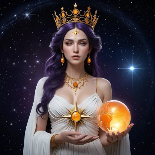 Prompt: HD 4k 3D, hyper realistic, professional modeling, ethereal Greek Muse of Astronomy, dark purple hair, white skin, gorgeous face, grecian gown of stars, citrine orange jewelry and crown of stars, full body, powerful and divine, holding globe and compass, constellations, starry night sky,  detailed, elegant, ethereal, mythical, Greek, goddess, surreal lighting, majestic, goddesslike aura