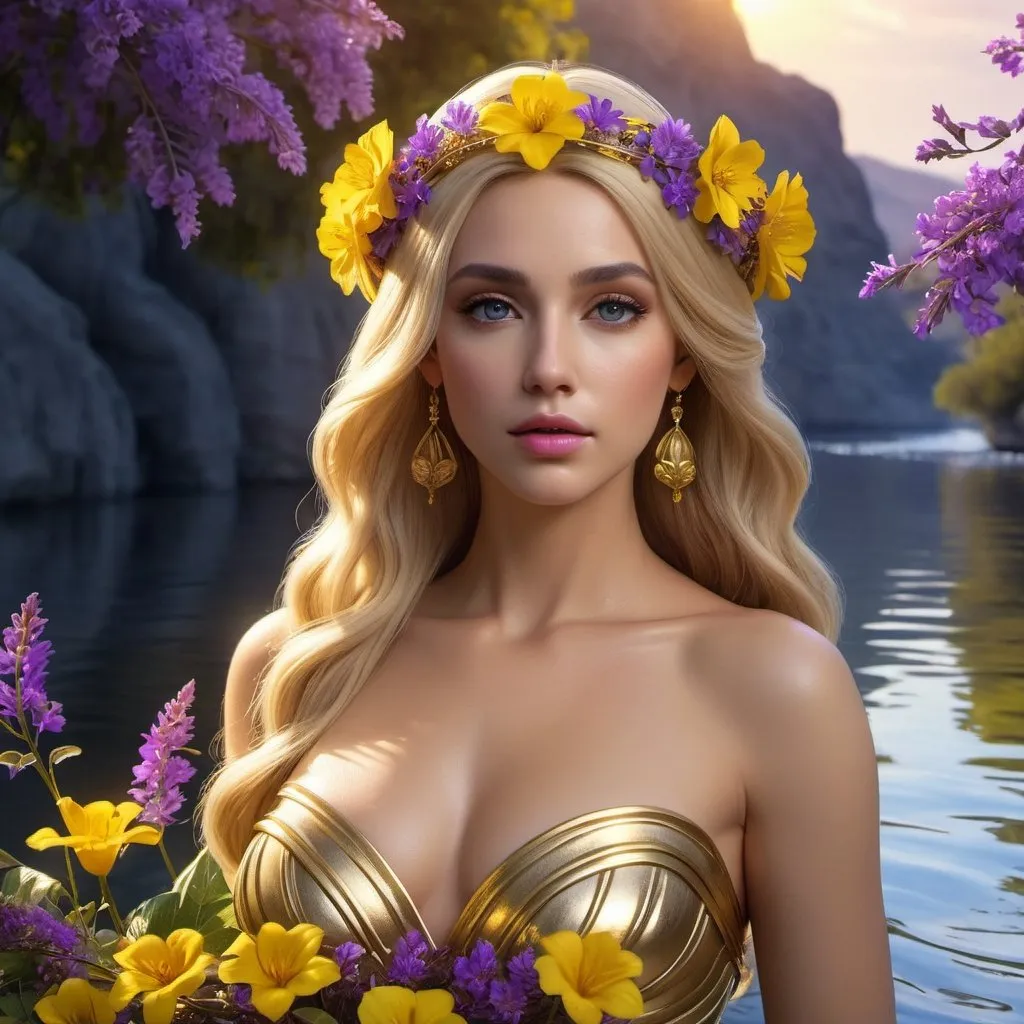 Prompt: HD 4k 3D 8k professional modeling photo hyper realistic beautiful woman princess ethereal greek goddess european nymph 
blonde hair fair skin gorgeous face  jewelry tiara  full body surrounded by ambient glow hd landscape river yellow and purple flowers vegetation

