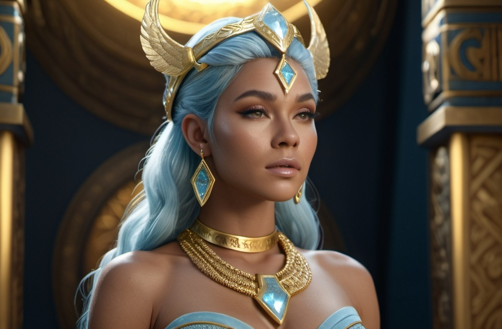 Prompt: Gullveig Norse Goddess of Gold,  hyper realistic, HD 4k 3D, professional modeling, ethereal, light blue updo hair, light brown skin, gorgeous face, gorgeous gold jewelry and headband, full body, in a chamber of gold, ambient glow, detailed, elegant, ethereal, mythical, goddess, moody lighting, majestic, goddesslike aura, Norse Mythology