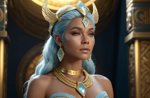 Prompt: Gullveig Norse Goddess of Gold,  hyper realistic, HD 4k 3D, professional modeling, ethereal, light blue updo hair, light brown skin, gorgeous face, gorgeous gold jewelry and headband, full body, in a chamber of gold, ambient glow, detailed, elegant, ethereal, mythical, goddess, moody lighting, majestic, goddesslike aura, Norse Mythology