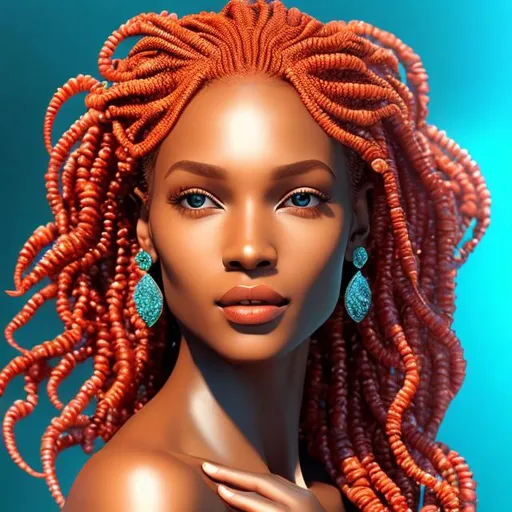 Prompt: HD 4k 3D 8k professional modeling photo hyper realistic beautiful woman ethereal greek goddess Ethiopian mermaid
red locs hair  gorgeous face sea jewelry  sea headpiece mermaid tail full body surrounded by ambient glow hd landscape beautiful vibrant seascape fish and crabs
