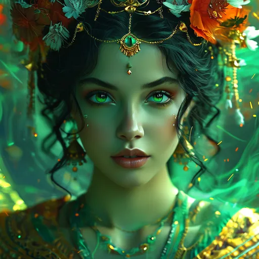Prompt: Libitina, pale green haired Roman spirit Goddess of death, corpses and funerals, pre-Raphaelite time-lapse motion blur Abstract* cyber graffiti, High resolution, detailed portrait, Midjourney style, ethereal atmosphere, flowing hair, captivating eyes, cosmic mystical aura, vibrant colors, soft lighting, professional, digital painting, enchanting presence, fantasy, dreamy, female, mystical, detailed hair, captivating gaze, professional lighting, hyper realistic, HD 4k 3D, professional modeling, ethereal, gorgeous face, ambient divine glow, detailed and intricate, elegant, ethereal, mythical, goddess, radiant lighting, mist, undertaker cemetery, moths