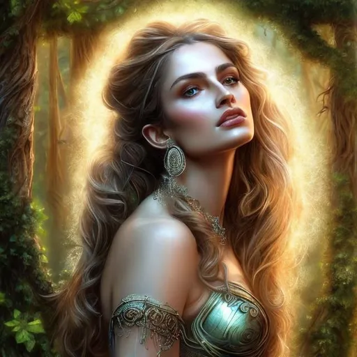 Prompt: HD 4k 3D, hyper realistic, professional modeling, ethereal raving, ecstatic Greek goddesses, brown ponytail hair, fair skin, gorgeous face, animal pelt and fur dresses , rustic jewelry and ivy tiara, full body, ambient glow, dancing in forest, landscape, detailed, elegant, ethereal, mythical, Greek, goddess, surreal lighting, majestic, goddesslike aura
