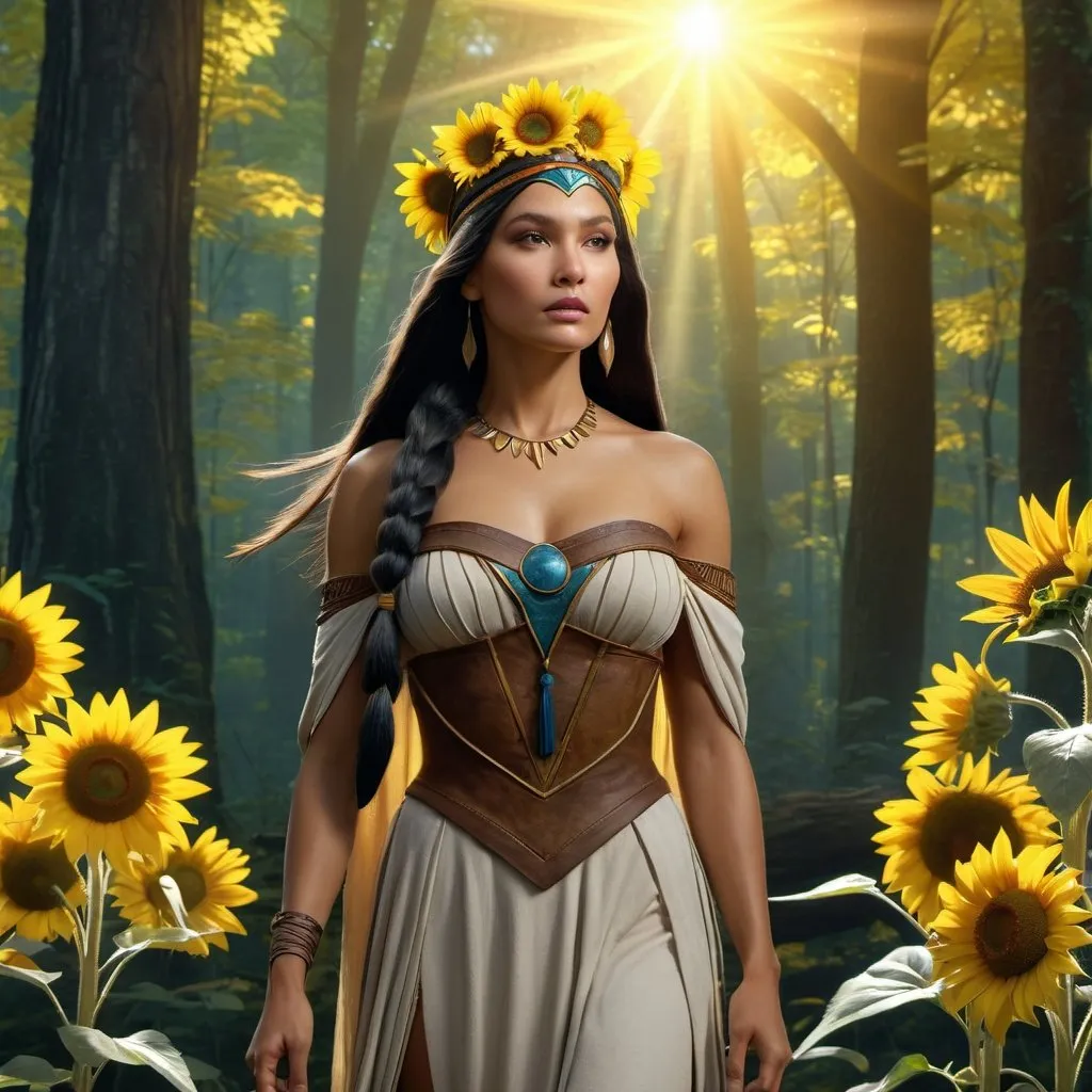 Prompt: HD 4k 3D, hyper realistic, professional modeling, enchanted Algonquin Princess - Pocahontas, beautiful, magical, detailed, highly realistic woman, high fantasy background, precolonial Virginia, forest, sunflowers, elegant, ethereal, mythical, Greek goddess, surreal lighting, majestic, goddesslike aura, Annie Leibovitz style 