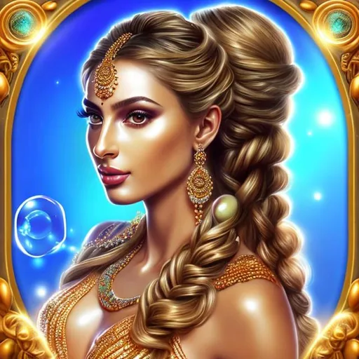 Prompt: HD 4k 3D, hyper realistic, professional modeling, ethereal Greek goddess of health, orange bubble braided hair, olive skin, gorgeous face, gorgeous radiant gown, dazzling jewelry and crown, full body, ambient glow, health goddess, ancient spa landscape, detailed, elegant, ethereal, mythical, Greek, goddess, surreal lighting, majestic, goddesslike aura