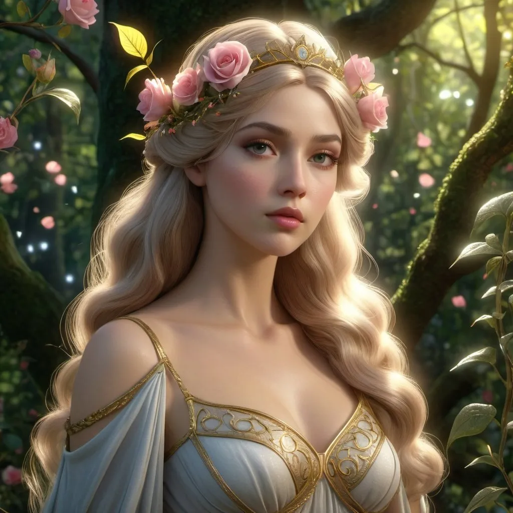 Prompt: HD 4k 3D, hyper realistic, professional modeling, enchanted French Princess - Briar Rose, beautiful, magical, gorgeous forest, flowers and fairies, detailed, elegant, ethereal, mythical, Greek goddess, surreal lighting, majestic, goddesslike aura