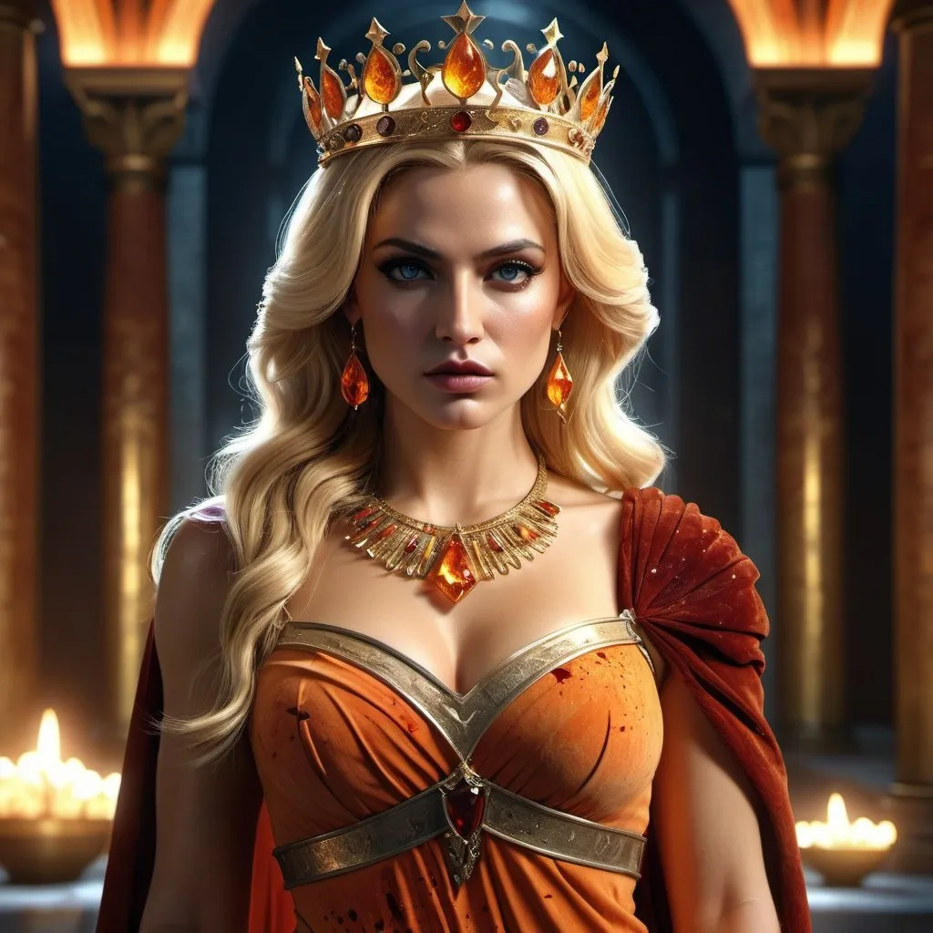 Prompt: HD 4k 3D, 8k, hyper realistic, professional modeling, ethereal Greek Goddess Spartan Princess, blonde hair, medium skin, gorgeous glowing face, regal colorful dress, orange gemstone jewelry and tiara, evil queen, holding dagger, bloody splatter, surrounded by ambient divinity glow, detailed, elegant, mythical, surreal dramatic lighting, majestic, goddesslike aura