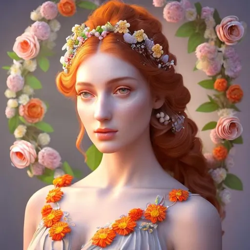 Prompt: HD 4k 3D, hyper realistic, professional modeling, ethereal Greek goddess of spring flowers, red and orange milkmaid braids, pale skin, floral embroidered gown, gorgeous face, floral jewelry and headband, full body, ambient glow, beautiful goddess surrounded by flowers in spring, flower and springtime,  detailed, elegant, ethereal, mythical, Greek, goddess, surreal lighting, majestic, goddesslike aura