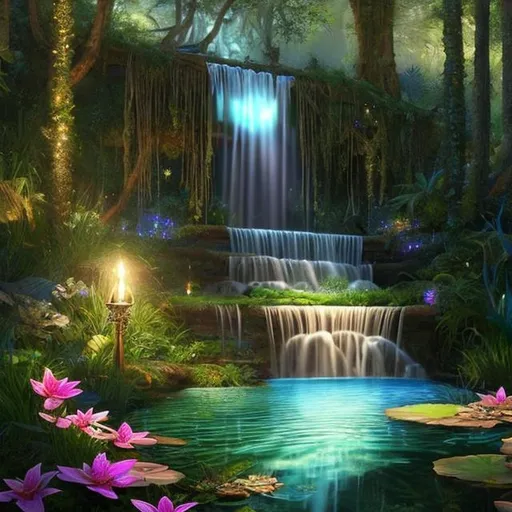 Prompt: HD 4k 3D, hyper realistic, professional modeling, ethereal Greek goddess, black hair, mixed skin, gorgeous face, gorgeous wild foliage dress, rustic jewelry and tiara, full body, ambient glow, forest nymph, landscape she's next to pond with lilypads, detailed, elegant, ethereal, mythical, Greek, goddess, surreal lighting, majestic, goddesslike aura