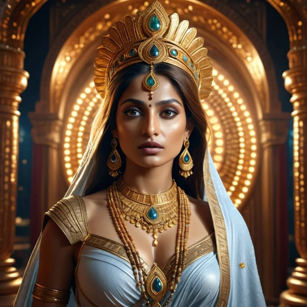Prompt: HD 4k 3D 8k professional modeling photo hyper realistic beautiful woman Indian Princess ethereal greek goddess, myth and magic goddess, full body surrounded by ambient glow, covered in jewels, enchanted, magical, highly detailed, intricate, highly realistic woman, high fantasy background, hindu dharma afterlife, elegant, mythical, surreal lighting, majestic, goddesslike aura, Annie Leibovitz style 

