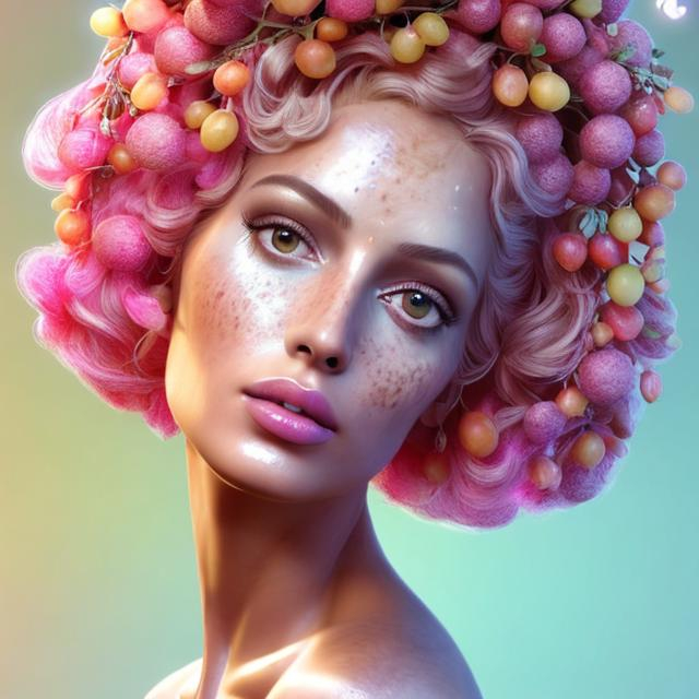 Prompt: HD 4k 3D, hyper realistic, professional modeling, ethereal  Greek goddess of fruit trees, pink ombre hair, tan freckled skin, gorgeous face, gorgeous fruit tree dress, tree jewelry and fruit blossom headband, full body, ambient glow, fruit blossom tree nymph, landscape, detailed, elegant, ethereal, mythical, Greek, goddess, surreal lighting, majestic, goddesslike aura