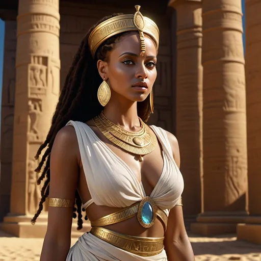 Prompt: HD 4k 3D 8k professional modeling photo hyper realistic beautiful woman enchanted Ethiopian slave Princess Aida, ethereal greek goddess, full body surrounded by ambient glow, magical, highly detailed, intricate, beautiful Egypt, operetta, outdoor landscape, highly realistic woman, high fantasy background, elegant, mythical, surreal lighting, majestic, goddesslike aura, Annie Leibovitz style 

