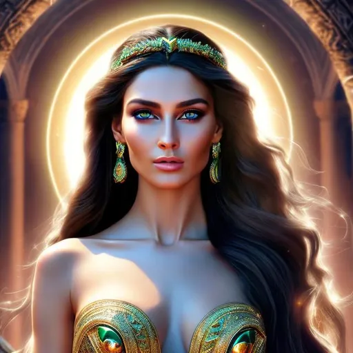 Prompt: HD 4k 3D 8k professional modeling photo hyper realistic beautiful womann ethereal greek goddess of blessed death
long black hair green eyes fair skin gorgeous face enchanting grecian dress beautiful jewelry spring crown full body surrounded by mystical ambient glow hd landscape lush vibrant springtime altar 
