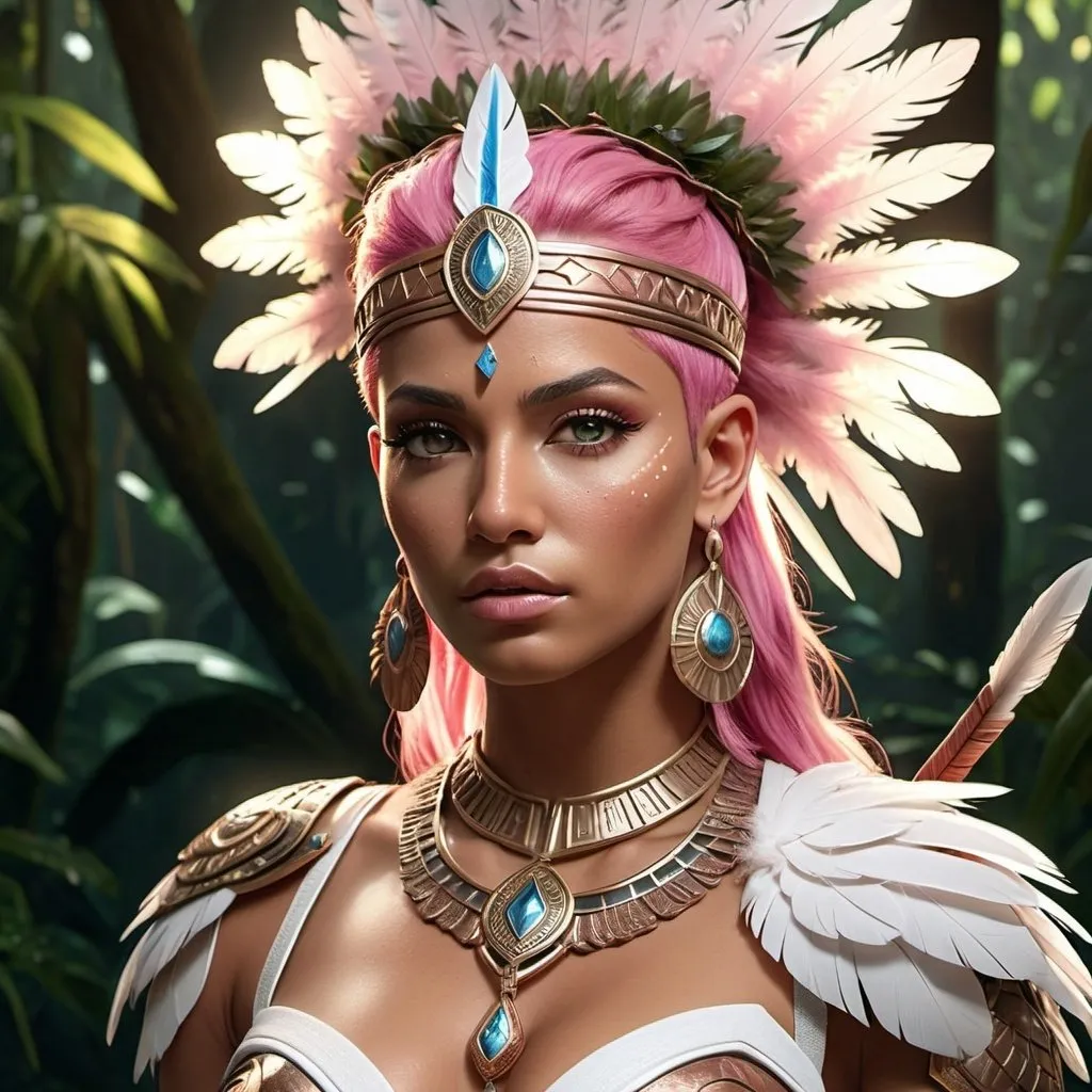 Prompt: HD 4k 3D, 8k, hyper realistic, professional modeling, ethereal Greek Goddess and Amazonian Warrior, pink hair, brown skin, gorgeous glowing face, Amazonian Warrior armor, quartz jewelry and tiara, Amazon warrior, tattoos, full body, jungle, adorned with white feathers and flowers, archer, surrounded by ambient divine glow, detailed, elegant, mythical, surreal dramatic lighting, majestic, goddesslike aura