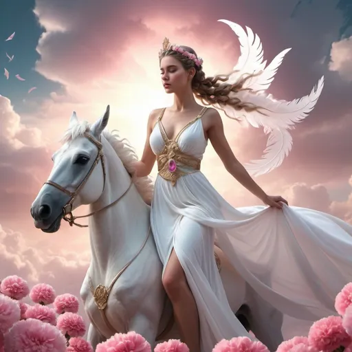 Prompt: HD 4k 3D, 8k, hyper realistic, professional modeling, ethereal Greek Goddess Princess, white braided bun, fair skin, gorgeous face, flowing dress, pink gemstone jewelry and feather diadem, flying through clouds riding on pegasus  covered in carnations, surrounded by ambient divine glow, detailed, elegant, ethereal, mythical, Greek, goddess, surreal lighting, majestic, goddesslike aura