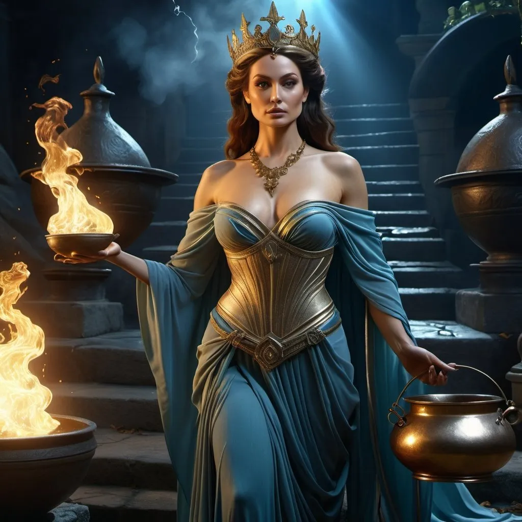 Prompt: HD 4k 3D 8k professional modeling photo hyper realistic beautiful woman enchanted evil Princess Goneril, ethereal greek goddess, full body surrounded by ambient glow, magical, highly detailed, intricate, cruel and deceitful, villain, making potions with cauldron, witch, outdoor landscape, high fantasy background, elegant, mythical, surreal lighting, majestic, goddesslike aura, Annie Leibovitz style 

