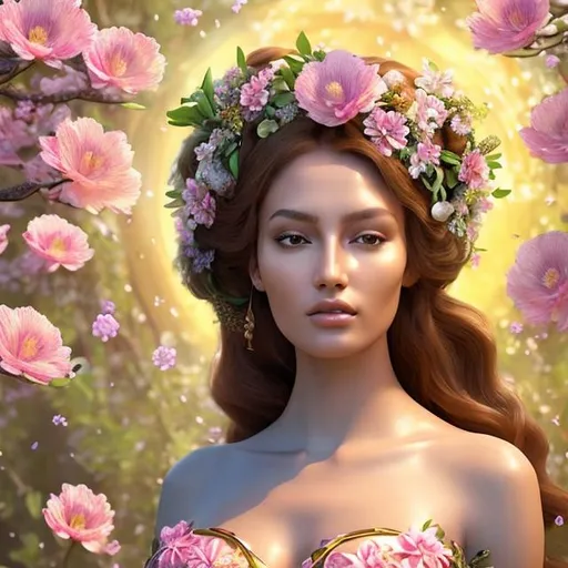 Prompt: HD 4k 3D, hyper realistic, professional modeling, ethereal Greek goddess of spring and flowers, red hair, brown skin, gorgeous face, gorgeous floral and green grecian dress, floral jewelry and flower headpiece, full body, ambient glow, flower nymph in springtime, landscape, detailed, elegant, ethereal, mythical, Greek, goddess, surreal lighting, majestic, goddesslike aura