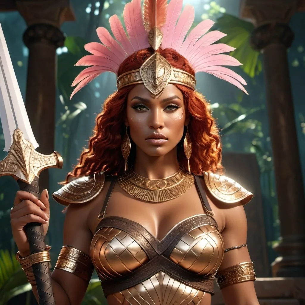 Prompt: HD 4k 3D, 8k, hyper realistic, professional modeling, ethereal Greek Goddess and Amazonian Queen, red hair, brown skin, gorgeous glowing face, Amazonian Warrior scales armor, pink jewelry and headpiece, Amazon warrior, tattoos, full body, sword and shield, african savannah, surrounded by ambient divine glow, detailed, elegant, mythical, surreal dramatic lighting, majestic, goddesslike aura