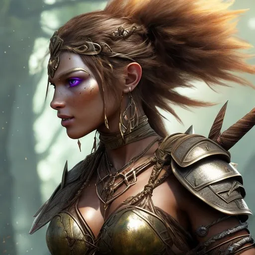 Prompt: HD 4k 3D 8k professional modeling photo hyper realistic beautiful warrior tribal woman ethereal greek goddess of pursuit
bronze hair brown eyes mixed freckled skin gorgeous face shimmering battle leather armor iron jewelry iron and feathered headpiece holding weapons full body surrounded by mystical glow hd landscape background she tracks and pursues enemies. She is hunting and running after them with eagles through the dark forest
