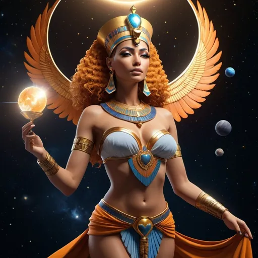 Prompt: HD 4k 3D, 8k, hyper realistic, professional modeling, ethereal Egyptian Goddess of truth, justice, order, Maat, beautiful, glowing medium skin, orange hair, mythical  clothing and jewelry, crown, Cosmos, full body, holding a heart in one hand and a feather in the other, stars, planets, Fantasy setting, surrounded by ambient divine glow, detailed, elegant, surreal dramatic lighting, majestic, goddesslike aura, octane render
