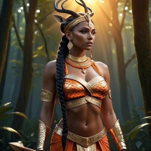 Prompt: HD 4k 3D, 8k, hyper realistic, professional modeling, ethereal Greek Goddess and Amazonian Queen, orange french braided hair, dark skin, gorgeous glowing face, Amazonian Warrior reptile scales armor, red jewelry and headband, Amazon warrior, tattoos, full body, forest at dusk, deer companions, surrounded by ambient divine glow, detailed, elegant, mythical, surreal dramatic lighting, majestic, goddesslike aura