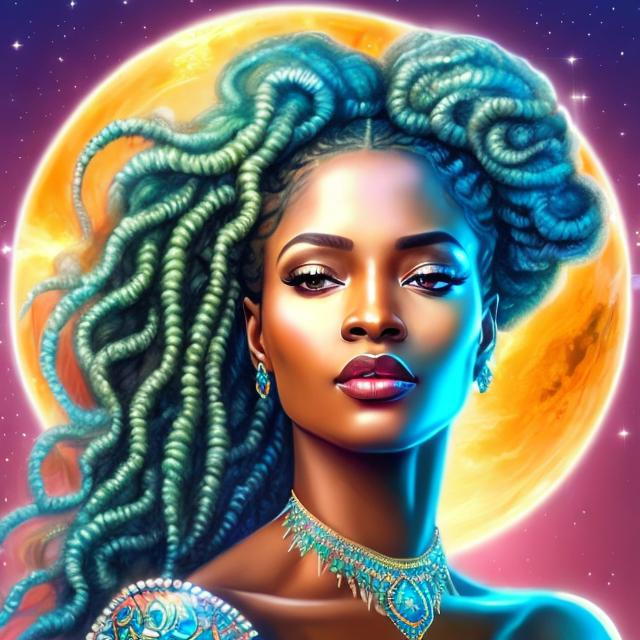 Prompt: HD 4k 3D, hyper realistic, professional modeling, ethereal Greek goddess of sunrise, green and light blue twists hair, dark skin, orange and pink shimmering gown, gorgeous face, sparkling jewelry and tiara, full body, ambient glow of sunrise, alluring sun goddess on the horizon, detailed, elegant, ethereal, mythical, Greek, goddess, surreal lighting, majestic, goddesslike aura