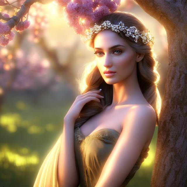 Prompt: HD 4k 3D, hyper realistic, professional modeling, ethereal Greek goddess of apple trees, light brown pigtail hair, olive skin, gorgeous face, gorgeous white dress, rustic jewelry and apple blossom headpiece, full body, ambient glow, apple tree orchard, landscape, detailed, elegant, ethereal, mythical, Greek, goddess, surreal lighting, majestic, goddesslike aura