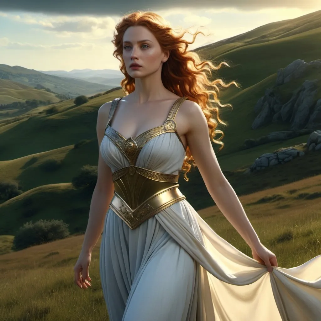 Prompt: HD 4k 3D, hyper realistic, professional modeling, enchanted Medieval Scottish goddess mythology Princess, beautiful, magical, detailed, highly realistic woman, high fantasy Scottish rolling hills landscape, elegant, ethereal, mythical, Greek goddess, surreal lighting, majestic, goddesslike aura, Annie Leibovitz style 