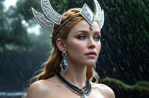 Prompt: Hnoss Norse Goddess of Jewels, hyper realistic, HD 4k 3D, professional modeling, ethereal, shiny black topsy tail hair, pale skin, gorgeous face, gorgeous jewelry and headpiece of diamonds, standing in the rain, covered in diamonds, ambient glow, detailed, elegant, ethereal, mythical, goddess, radiant lighting, majestic, goddesslike aura, Norse Mythology