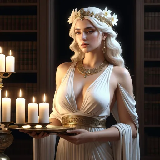 Prompt: HD 4k 3D, hyper realistic, professional modeling, ethereal Greek Muse of Knowledge, ivory hair, beige skin, gorgeous face, grecian embellished robes, opal jewelry and diadem, full body, dark academia, ancient library, wise, candles and black dahlias, detailed, elegant, ethereal, mythical, Greek, goddess, surreal lighting, majestic, goddesslike aura