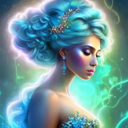 Prompt: HD 4k 3D, hyper realistic, professional modeling, ethereal Greek goddess of trees, blue topsy tail hair, black skin, gorgeous face, gorgeous tree dress, tree jewelry and headband, full body, ambient neon glow, tree nymph mountain, landscape, detailed, elegant, ethereal, mythical, Greek, goddess, surreal lighting, majestic, goddesslike aura