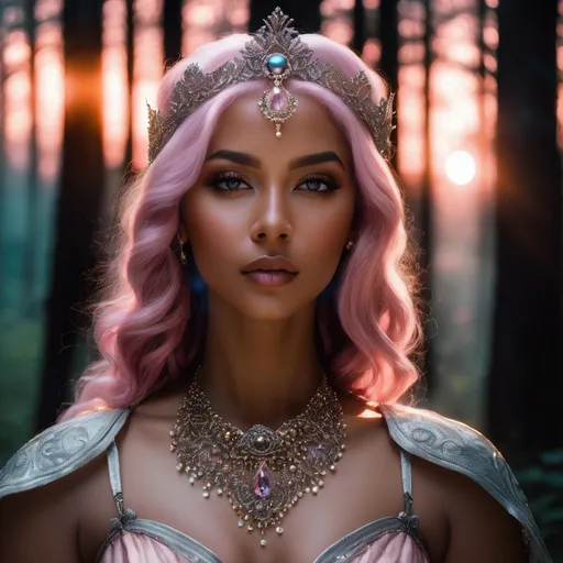 Prompt: Bell, evil Southern American witch, hyper realistic, HD 4k 3D, professional modeling, ethereal, rose pink hair, light brown skin, gorgeous face, gorgeous jewelry and diadem, nighttime in a Tennessee forest, ambient divine glow, detailed and intricate, elegant, ethereal, mythical, goddess, radiant lighting, majestic, goddesslike aura