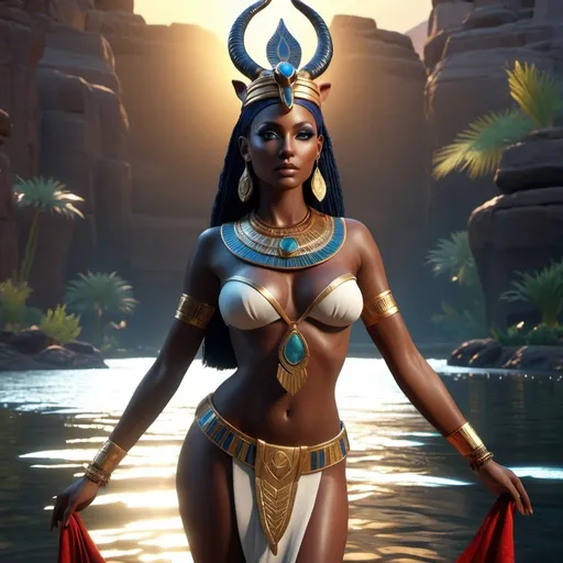 Prompt: HD 4k 3D, 8k, hyper realistic, professional modeling, ethereal Egyptian Goddess style, Antelope Goddess of love, beautiful, standing next to the river, glowing dark skin, red hair, mythical outfit, crown, full body, antelope horns, beautiful lush Fantasy setting, surrounded by ambient divine glow, detailed, elegant, surreal dramatic lighting, majestic, goddesslike aura, octane render, artistic and whimsical