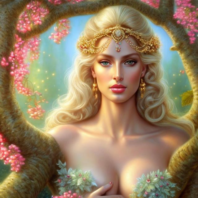 Prompt: HD 4k 3D, hyper realistic, professional modeling, ethereal  Greek goddess of mulberry, blonde hair, tan skin, gorgeous face, gorgeous tree dress, tree jewelry and mulberry tiara, full body, ambient glow, mulberry tree nymph, landscape, detailed, elegant, ethereal, mythical, Greek, goddess, surreal lighting, majestic, goddesslike aura