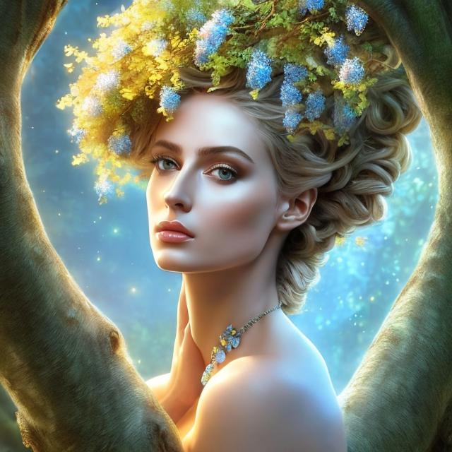 Prompt: HD 4k 3D, hyper realistic, professional modeling, ethereal  Greek goddess of elm trees, blue hair, mixed skin, gorgeous face, gorgeous tree dress, tree jewelry and elm crown, full body, ambient glow, elm tree nymph, landscape, detailed, elegant, ethereal, mythical, Greek, goddess, surreal lighting, majestic, goddesslike aura