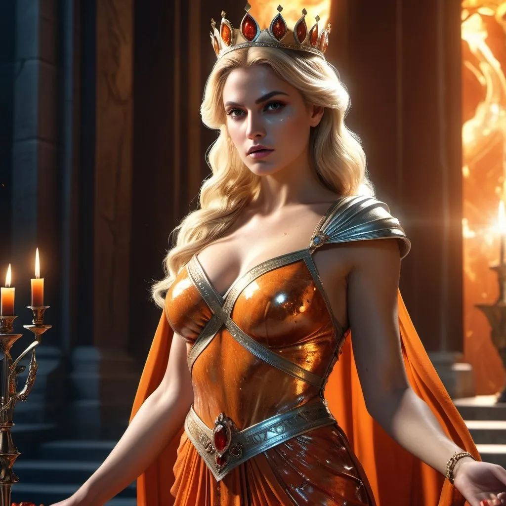 Prompt: HD 4k 3D, 8k, hyper realistic, professional modeling, ethereal Greek Goddess Spartan Princess, blonde hair, medium skin, gorgeous glowing face, regal colorful dress, orange gemstone jewelry and tiara, evil queen, holding dagger, bloody splatter, surrounded by ambient divinity glow, detailed, elegant, mythical, surreal dramatic lighting, majestic, goddesslike aura