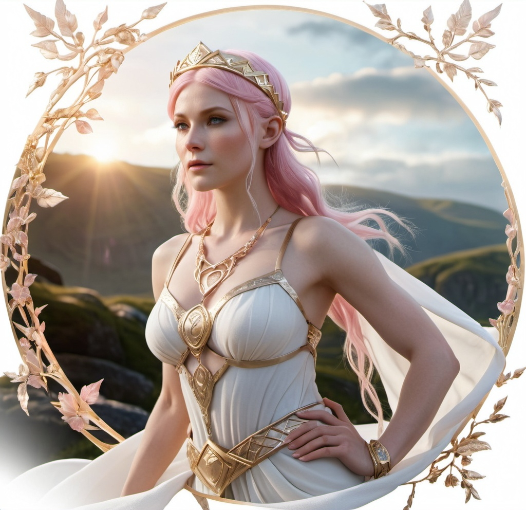 Prompt: Fulla Norse Goddess maiden,  hyper realistic, HD 4k 3D, professional modeling, ethereal, light pink hair, pale skin, gorgeous face, gorgeous gold jewelry and headband, full body, ambient glow, landscape, detailed, elegant, ethereal, mythical, goddess, surreal lighting, majestic, goddesslike aura, Norse Mythology