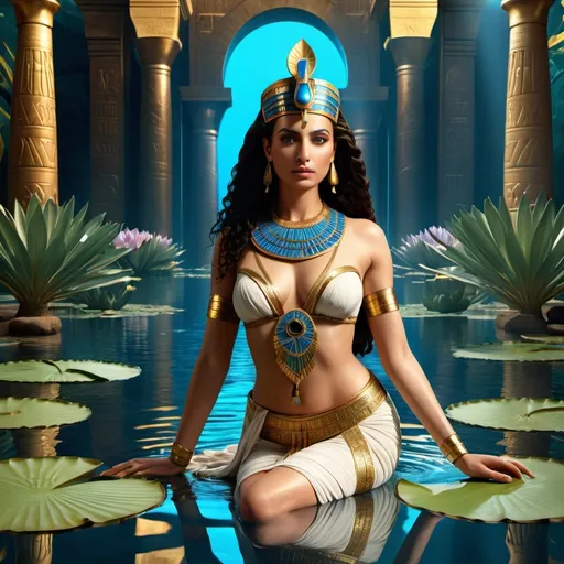 Prompt: HD 4k 3D 8k professional modeling photo hyper realistic beautiful woman enchanted Egyptian Princess Anmeris, ethereal greek goddess, full body surrounded by ambient glow, magical, highly detailed, intricate, beautiful Cleopatra style, water lilies, outdoor landscape, highly realistic woman, high fantasy background, elegant, mythical, surreal lighting, majestic, goddesslike aura, Annie Leibovitz style 

