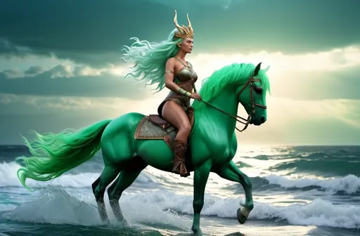 Prompt: Gna Norse Messenger Goddess,  hyper realistic, HD 4k 3D, professional modeling, ethereal, light green hair, medium skin, gorgeous face, gorgeous jewelry and headpiece, full body, she rides a flying sea-treading horse, ambient glow, ocean landscape, detailed, elegant, ethereal, mythical, goddess, moody lighting, majestic, goddesslike aura, Norse Mythology