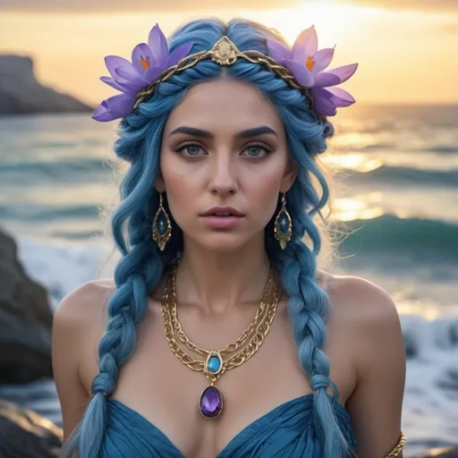 Prompt: HD 4k 3D, 8k, hyper realistic, professional modeling, ethereal Greek Goddess the Mindful, blue intricate braided hair, olive skin, gorgeous face, colorful distressed gown, purple gemstone jewelry and crocus flower crown, chained to rock at sea, waves crashing, sea monster attacking, surrounded by ambient divine glow, detailed, elegant, ethereal, mythical, Greek, goddess, surreal lighting, majestic, goddesslike aura