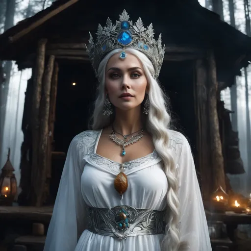 Prompt: Baba Yaga, evil Russian witch,guardian who guides the dead into the afterlife, she lives in a hut deep in the Slavic forest, hyper realistic, HD 4k 3D, professional modeling, ethereal, white hair, medium skin, gorgeous face, gorgeous jewelry and tiara, ambient divine glow, detailed and intricate, elegant, ethereal, mythical, goddess, radiant lighting, majestic, goddesslike aura