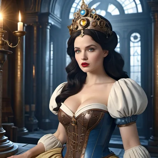Prompt: HD 4k 3D, hyper realistic, professional modeling, enchanted German Steampunk Princess - Snow White, beautiful, magical, sci-fi, high fantasy background, detailed, highly realistic woman, elegant, ethereal, mythical, Greek goddess, surreal lighting, majestic, goddesslike aura, Annie Leibovitz style 