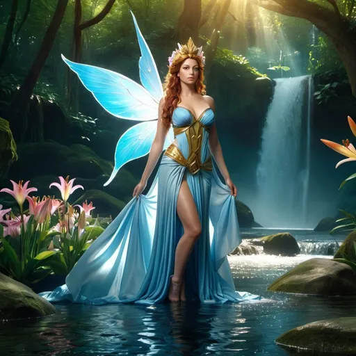 Prompt: HD 4k 3D 8k professional modeling photo hyper realistic beautiful woman Fairy Tail Princess ethereal greek goddess, myth and magic goddess, full body surrounded by ambient glow, enchanted, magical, highly detailed, intricate, highly realistic woman, high fantasy background, river in forest with colorful lilies, unicorn and fairies, elegant, mythical, surreal lighting, majestic, goddesslike aura, Annie Leibovitz style 

