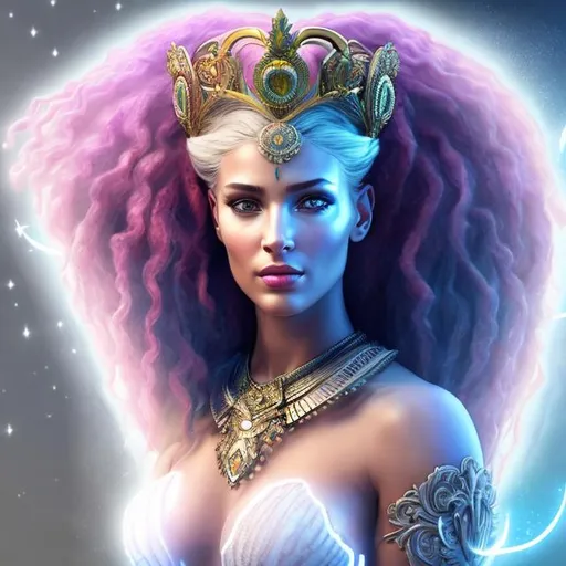 Prompt: HD 4k 3D, hyper realistic, professional modeling, ethereal Greek warrior goddess of agriculture, white and pink hair, black skin, gorgeous face, gorgeous athletic outfit, pagan jewelry and crown, full body, ambient glow, agriculture goddess, landscape Mediterranean, detailed, elegant, ethereal, mythical, Greek, goddess, surreal lighting, majestic, goddesslike aura