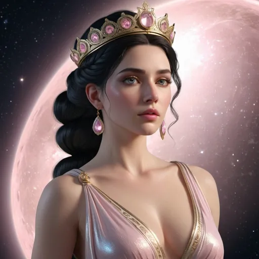 Prompt: HD 4k 3D, hyper realistic, professional modeling, ethereal Greek Goddess of the Months, black half up hair, pale skin, gorgeous face,  grecian shimmering dress, pink morganite jewelry and crown, full body, cosmos, lunar months, astrology, solar, detailed, elegant, ethereal, mythical, Greek, goddess, surreal lighting, majestic, goddesslike aura