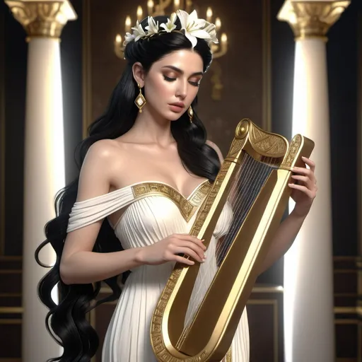 Prompt: HD 4k 3D, hyper realistic, professional modeling, ethereal Greek Muse of Lower Chord of the Lyre, dark black hair, ivory skin, gorgeous face, grecian embellished gown, diamond jewelry and tiara, full body, petite, playing lyre, white lilies, swans, detailed, elegant, ethereal, mythical, Greek, goddess, surreal lighting, majestic, goddesslike aura