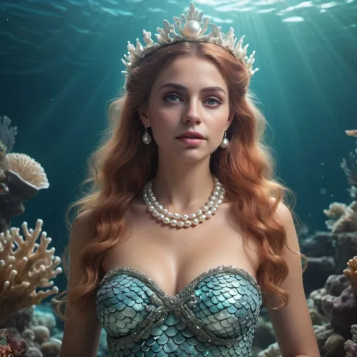 Prompt: HD 4k 3D, hyper realistic, professional modeling, enchanted Denmark Mermaid Princess - Marina, pearls, beautiful, magical, coral reef, high fantasy background, detailed, highly realistic woman, elegant, ethereal, mythical, Greek goddess, surreal lighting, majestic, goddesslike aura