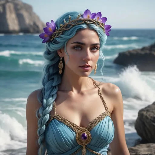 Prompt: HD 4k 3D, 8k, hyper realistic, professional modeling, ethereal Greek Goddess the Mindful, blue intricate braided hair, olive skin, gorgeous face, colorful distressed gown, purple gemstone jewelry and crocus flower crown, chained to rock at sea, waves crashing, sea monster, surrounded by ambient divine glow, detailed, elegant, ethereal, mythical, Greek, goddess, surreal lighting, majestic, goddesslike aura