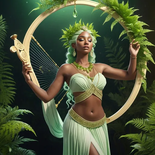 Prompt: HD 4k 3D, hyper realistic, professional modeling, ethereal Greek Muse of Dance, pale green hair, dark skin, gorgeous face, grecian two piece outfit, peridot jewelry and diadem, full body, dancer, playing lyre, surrounded by ferns, delight,  detailed, elegant, ethereal, mythical, Greek, goddess, surreal lighting, majestic, goddesslike aura